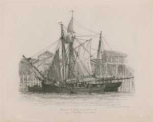 フレッシュワーフで横になっているスクーナー船とスマック 作： エドワード・ウィリアム・クック